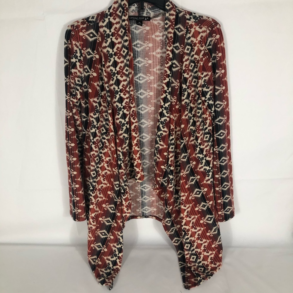 Living Doll Womens Medium Cardigan Los Angeles Aztec Southwestern Waterfall Red